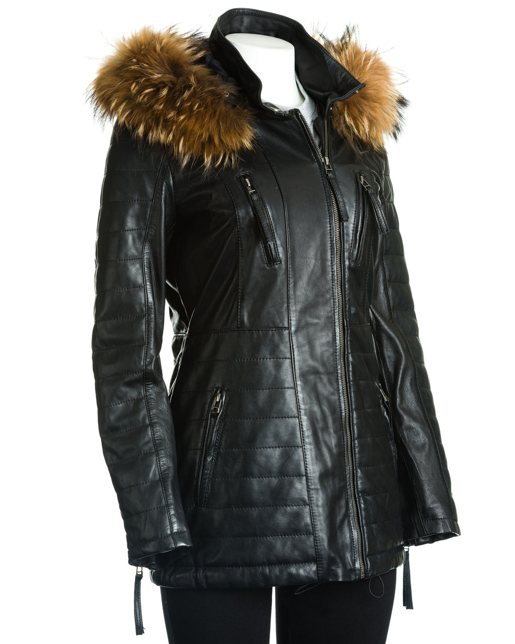 Women's Leather Parka Jacket with Stitch Detail: Pippa
