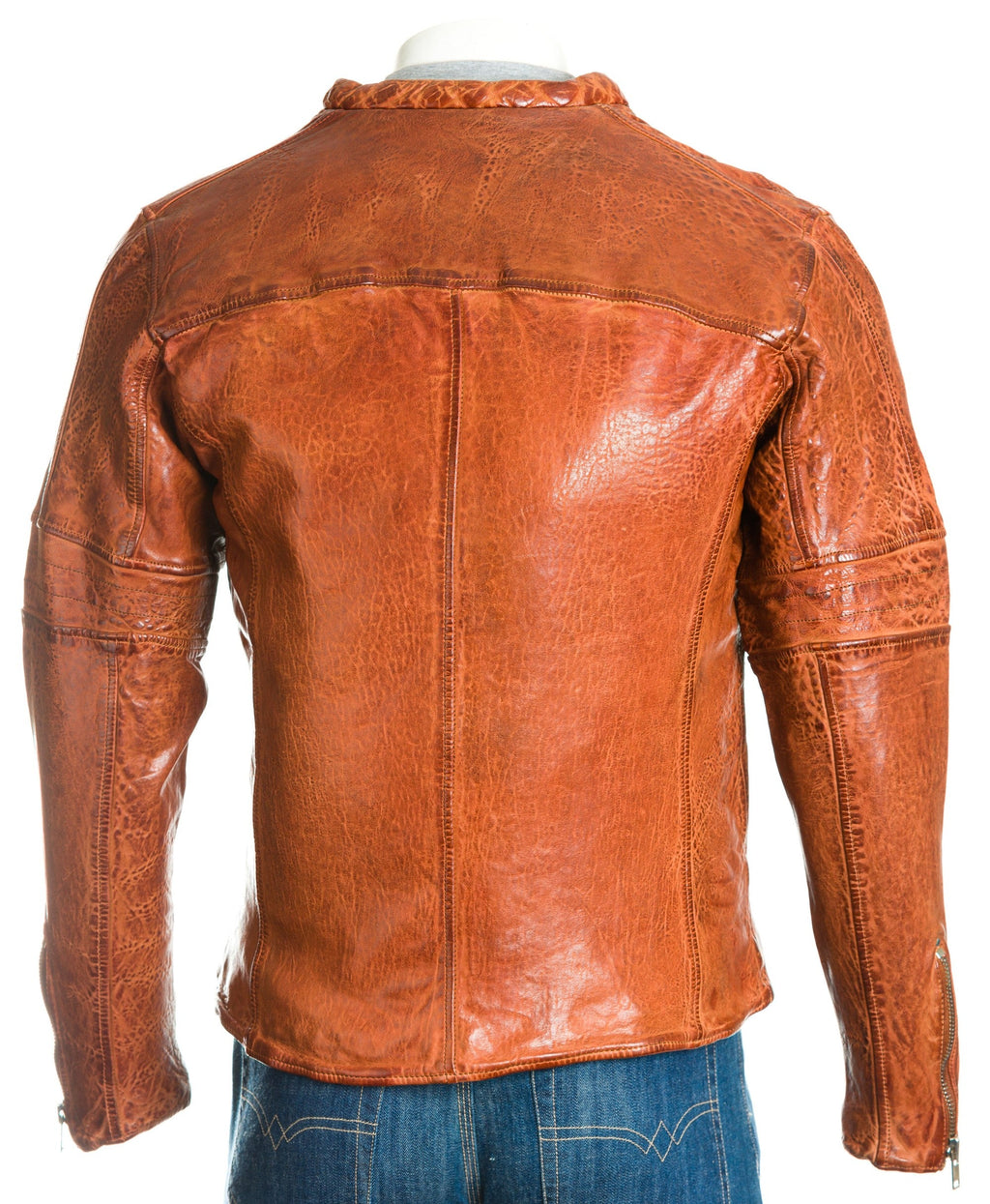 Men's Tan Hi-Shine Collarless Biker Jacket: Gino