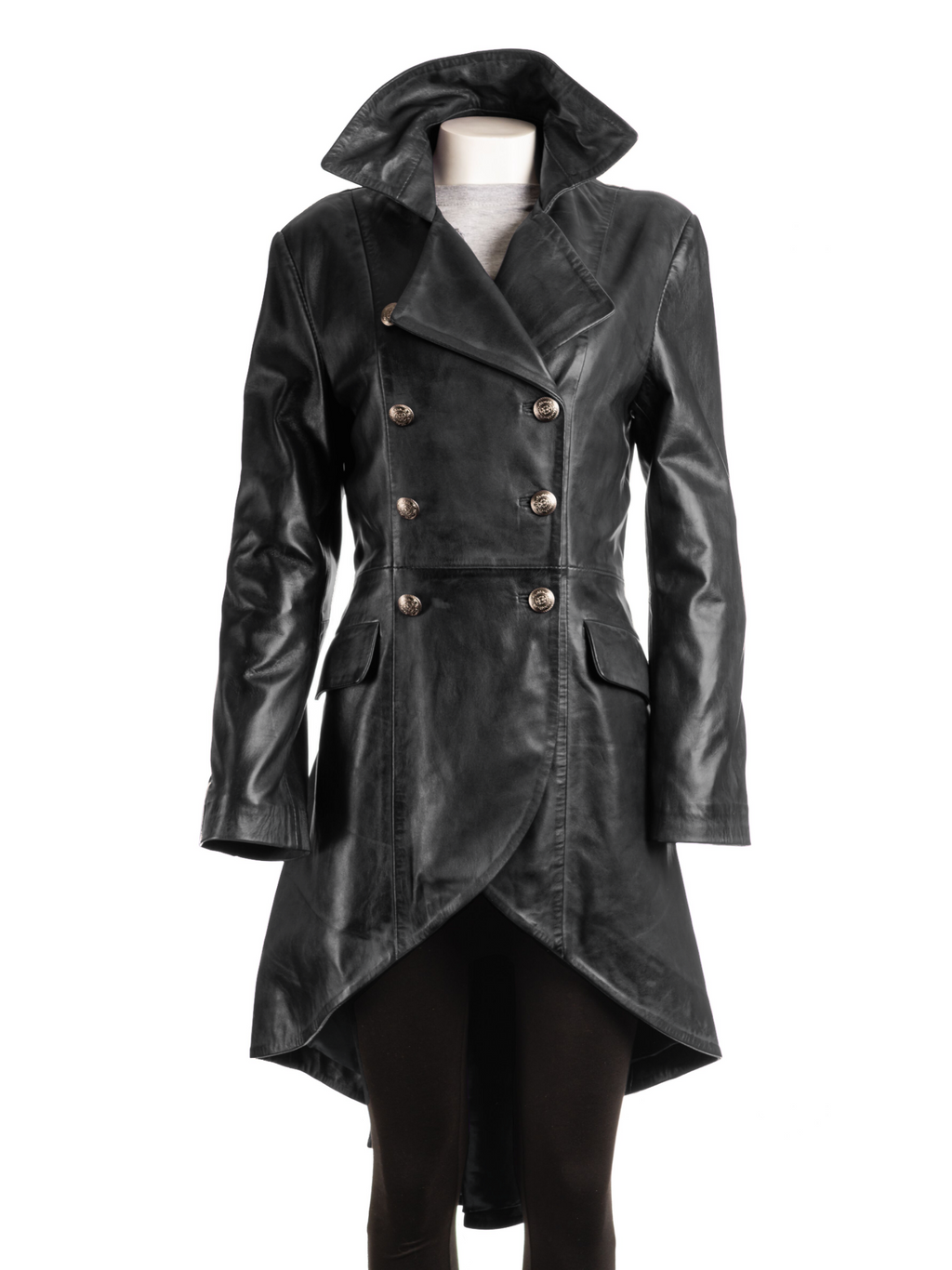 Ladies Black Leather Dip Hem Double Breasted Edwardian Military Style 3/4 Coat: Alessia