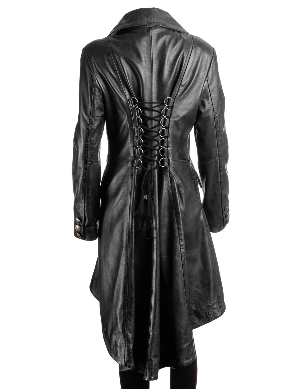 Ladies Black Leather Dip Hem Double Breasted Edwardian Military Style 3/4 Coat: Alessia