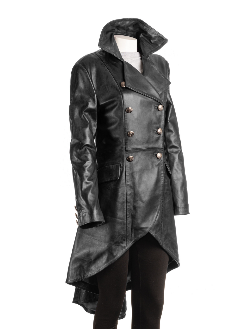 Ladies Black Leather Dip Hem Double Breasted Edwardian Military Style 3/4 Coat: Alessia