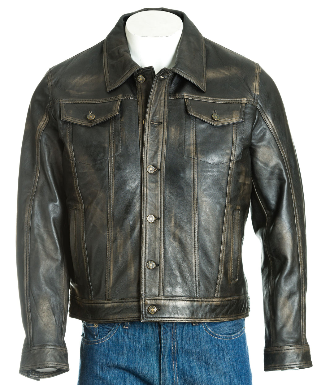 Men's Antique Black Denim Shirt Style Leather Jacket: Antonio