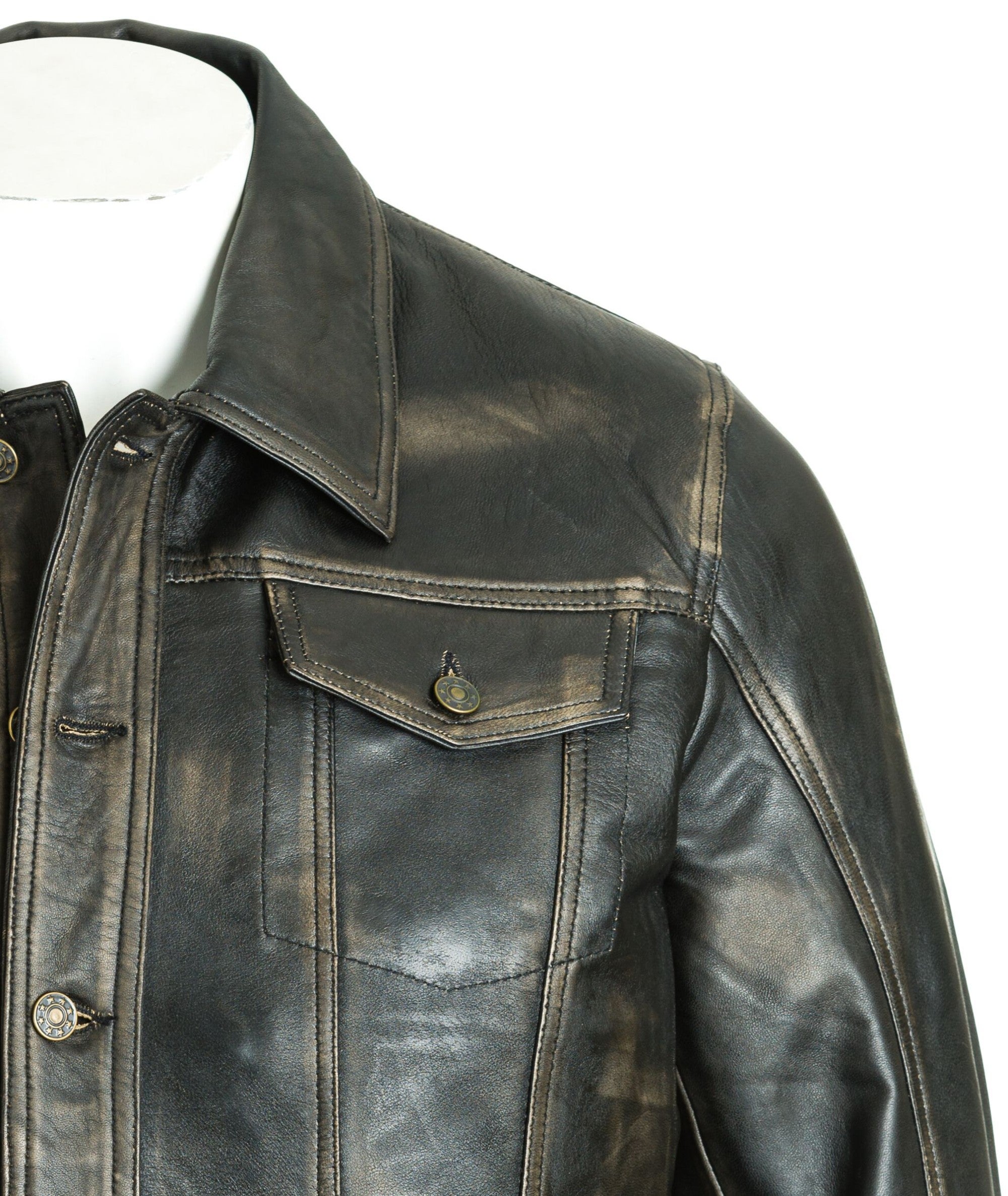 Men's Antique Black Denim Shirt Style Leather Jacket: Antonio