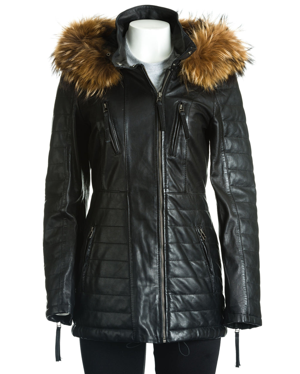 Women's Leather Parka Jacket with Stitch Detail: Pippa