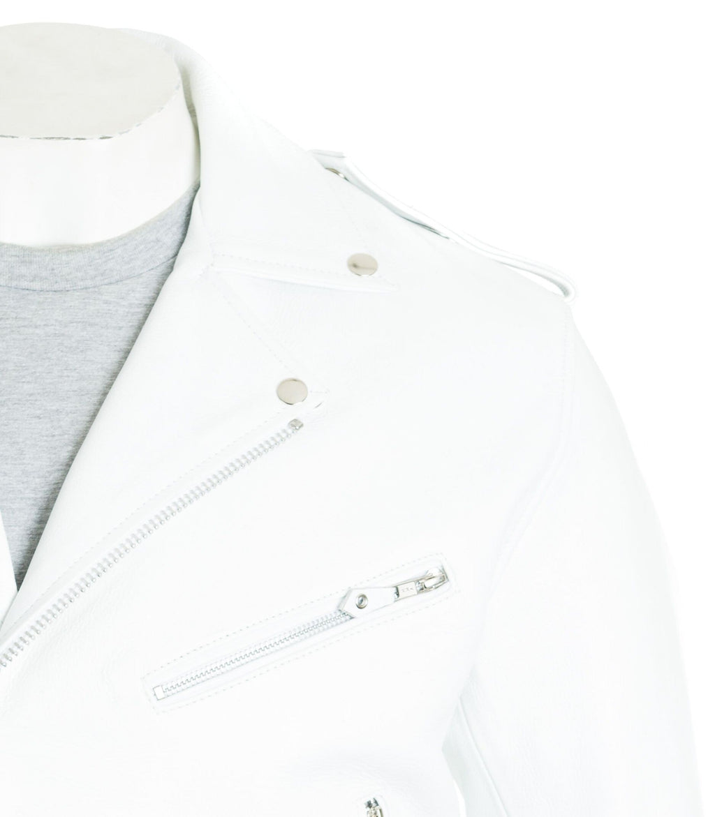 Men's White Classic Brando Biker Style Cow Hide Leather Jacket: Jose