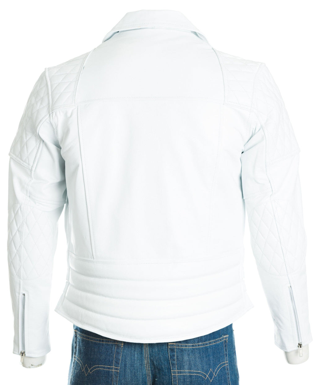 Men's White Cow Hide Leather Biker Jacket With Diamond Stitch Shoulder Detail: Lorenzo