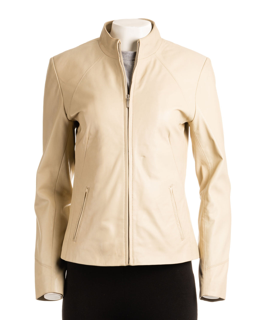 Ladies Stone Plain Short Zipped Leather Jacket: Angelina