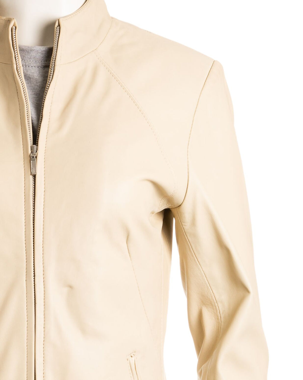 Ladies Stone Plain Short Zipped Leather Jacket: Angelina