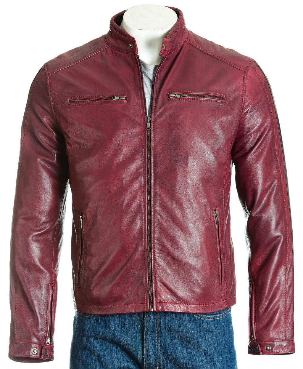 Men's Pepsi Red Tab Collar Leather Biker Jacket with Contrast Stripe Detail: Gavino