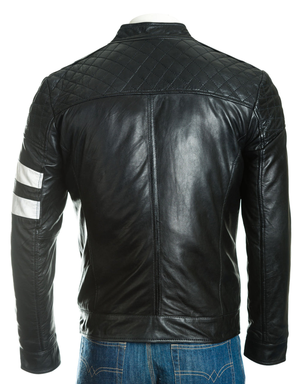 Men's Leather Biker Jacket with Contrast Stripe Detail: Manzu