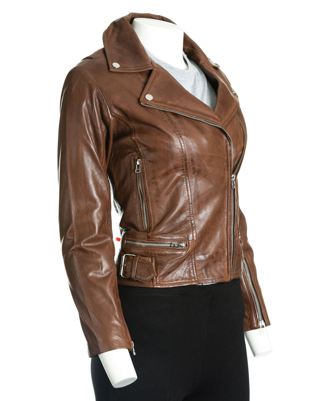 Women's Brown Asymmetric Leather Biker Jacket: Assisi