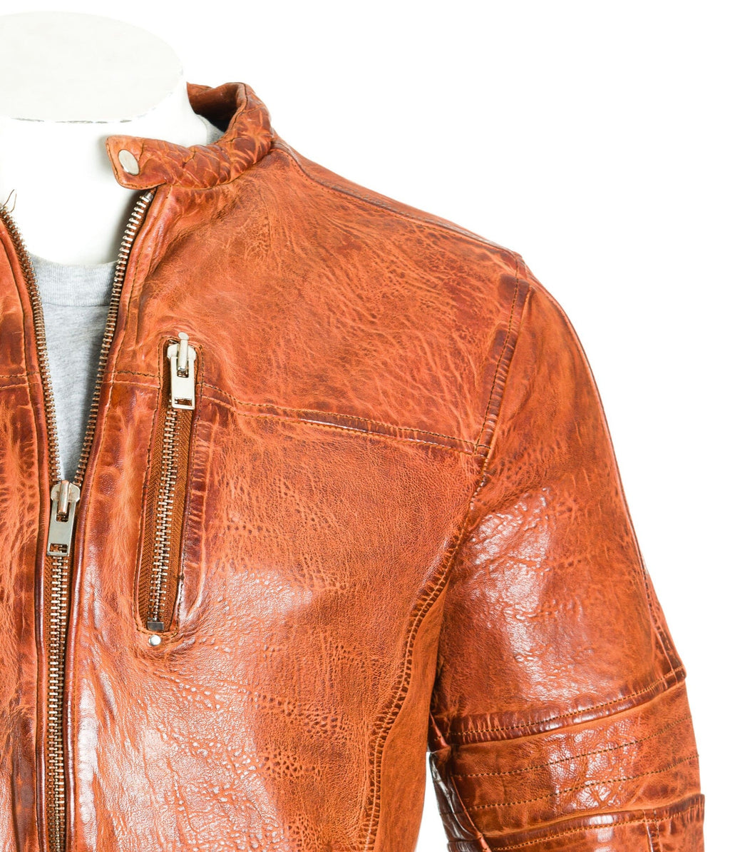 Men's Tan Hi-Shine Collarless Biker Jacket: Gino