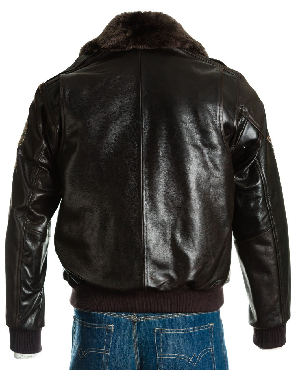 Men's Brown Aviator Pilot Flight A2 Style Leather Jacket With Patch Detail And Detachable Faux Fur Collar: Giuseppe