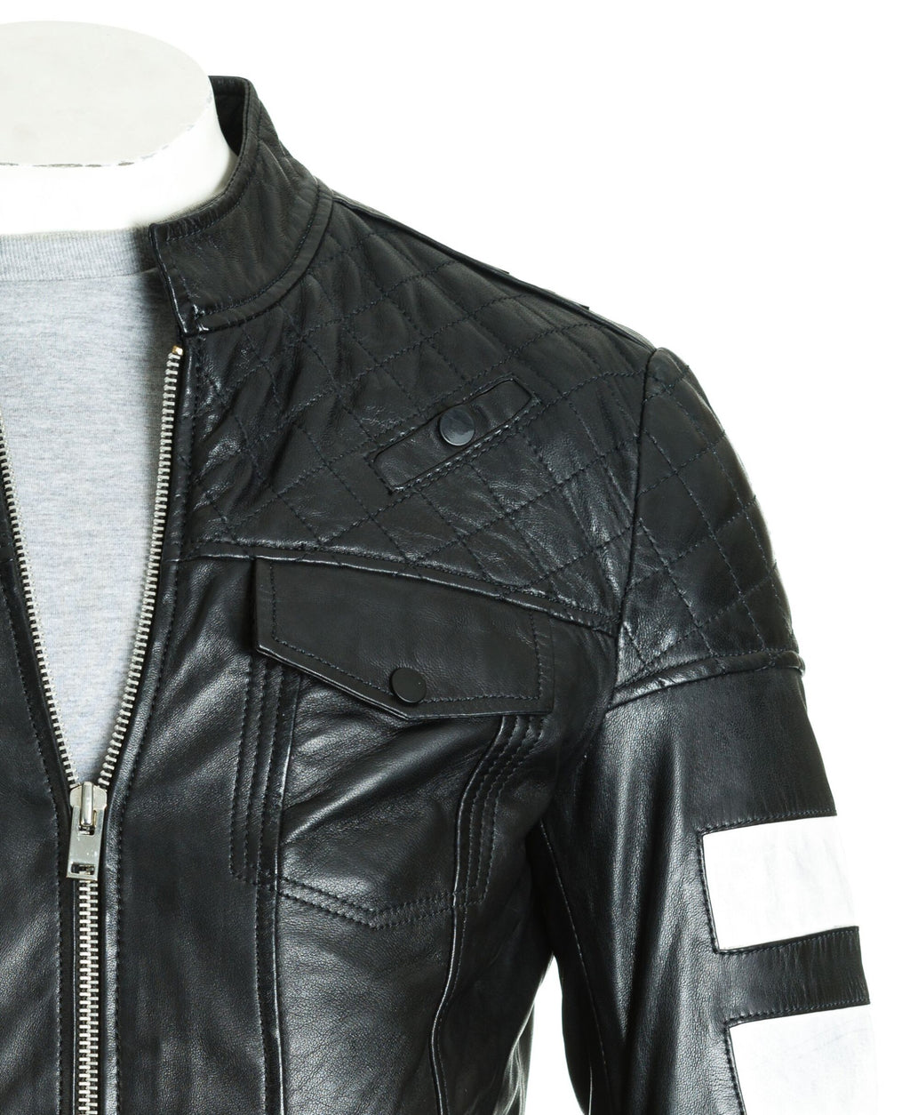 Men's Leather Biker Jacket with Contrast Stripe Detail: Manzu