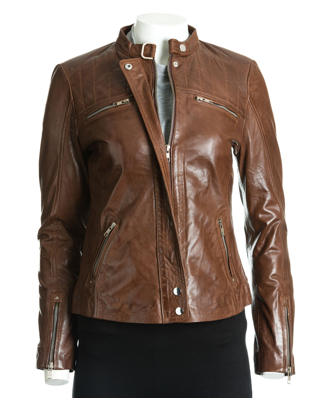 Women's Leather Biker Jacket with Stitch Detail: Zeta