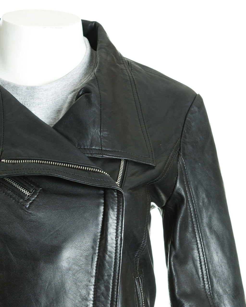 Women's Asymmetric Collar Leather Biker Style Jacket: Bernadetta