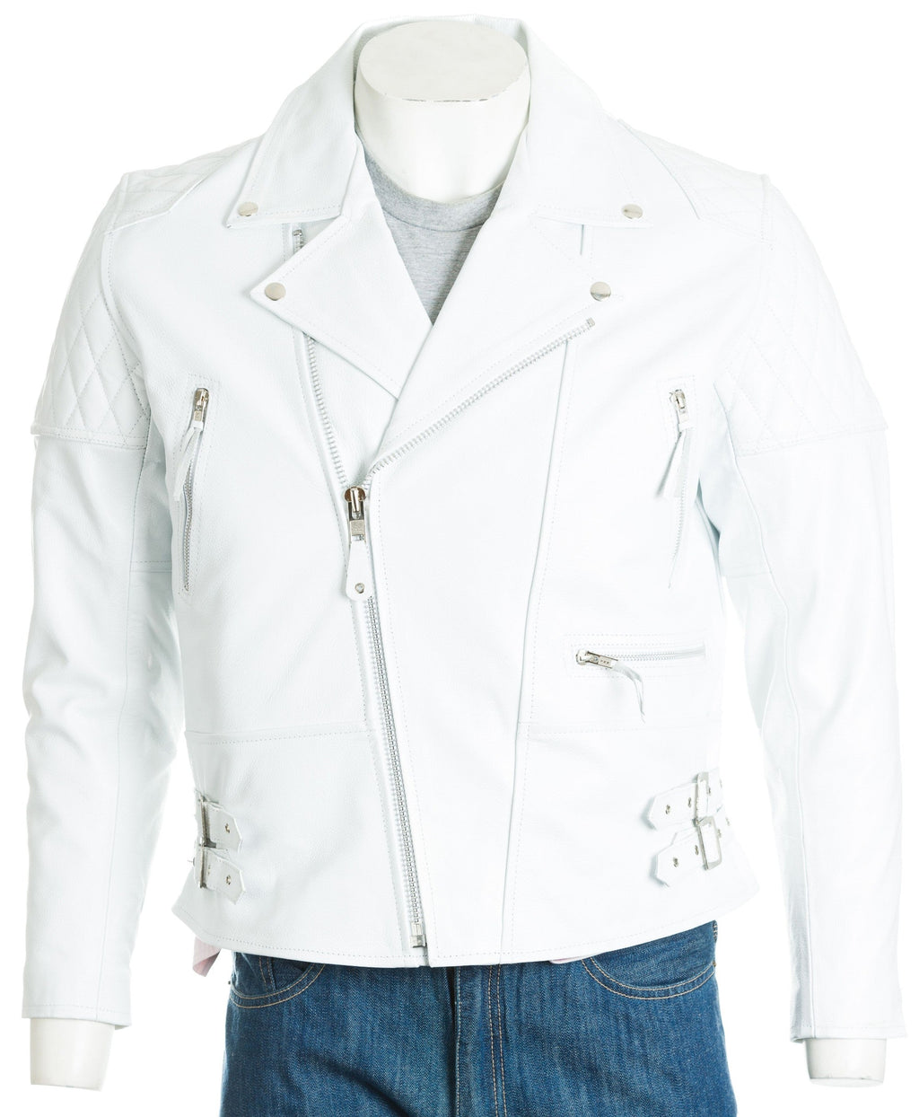 Men s White Cow Hide Leather Biker Jacket With Diamond Stitch Shoulder Detail Lorenzo