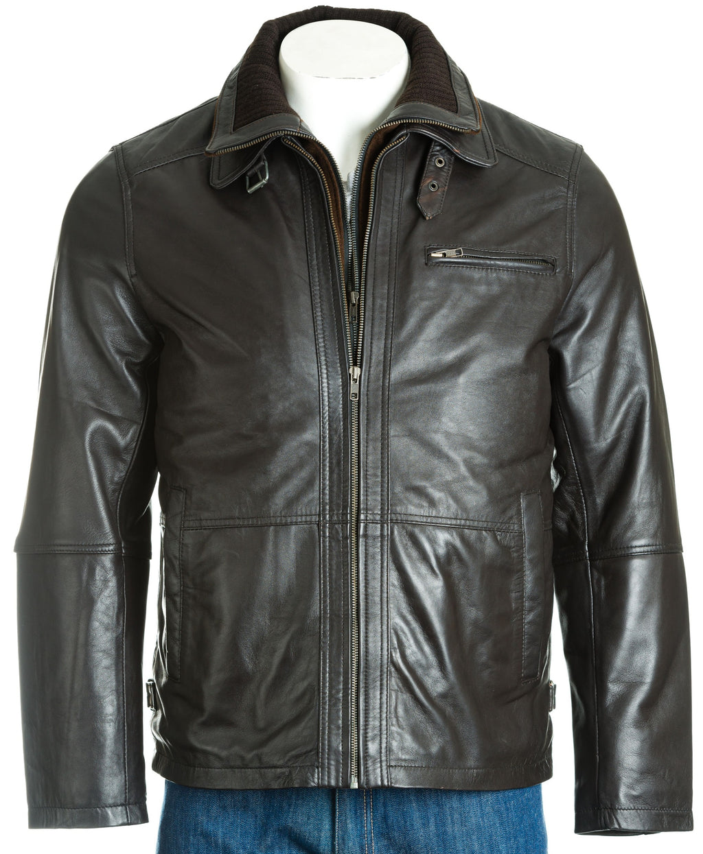 Men's Dark Brown Buckled Strap Collar with Detachable Fleece Front: Duran