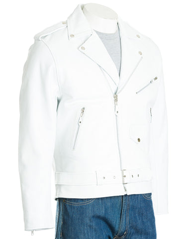 Men's White Classic Brando Biker Style Cow Hide Leather Jacket: Jose